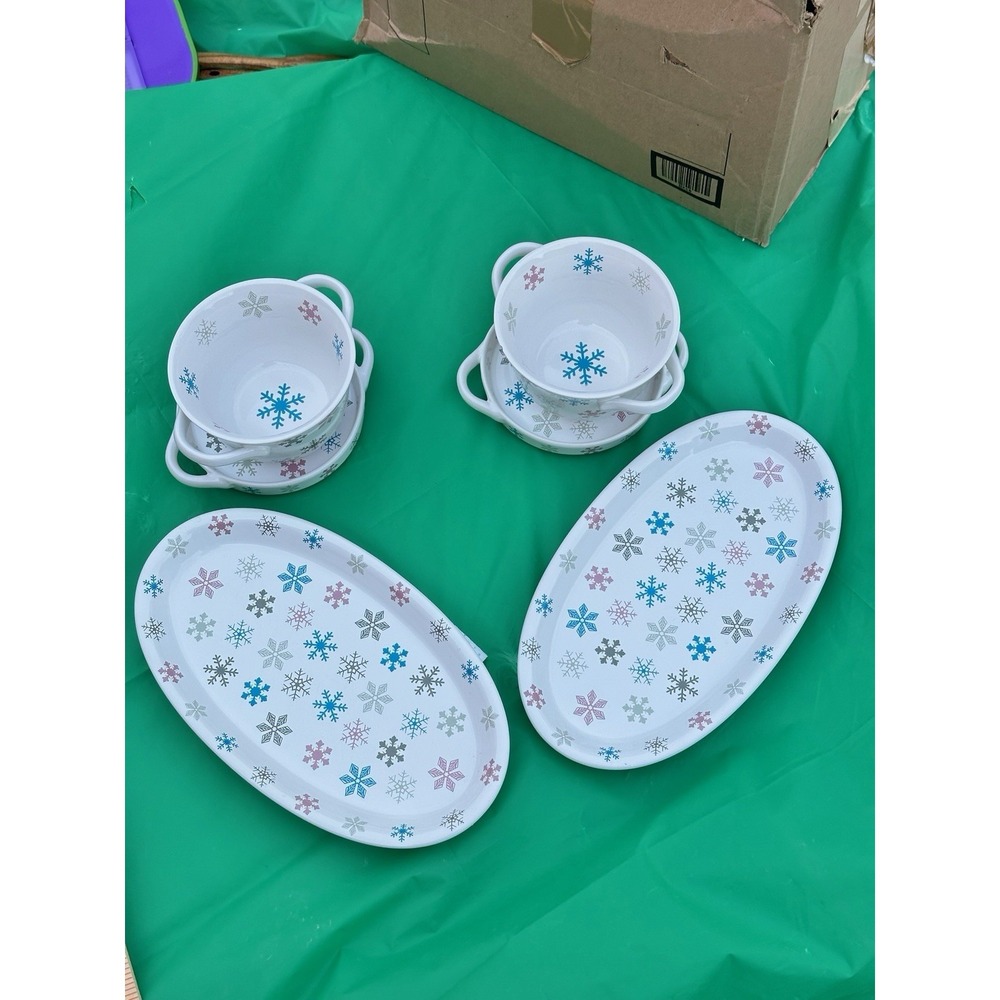 Temp-tations Snowflake 6pc Set 2 Bowls w/ Saucers & 2 Oval Platters Christmas